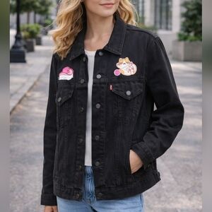 Levi’s Black Denim Jacket Pink Cream Patch Embroidered Women’s Size L